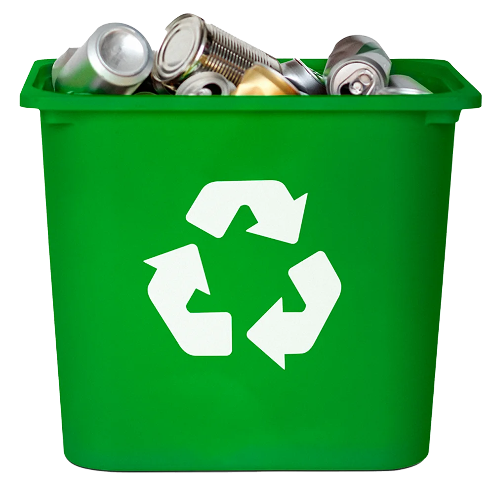 Green Recycling Bin Clipart with Metallic Cans and Eco-Friendly Recycling Symbol