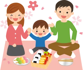 Happy Family Enjoying Outdoor Picnic Lunch Together - Colorful Cartoon Clipart Scene