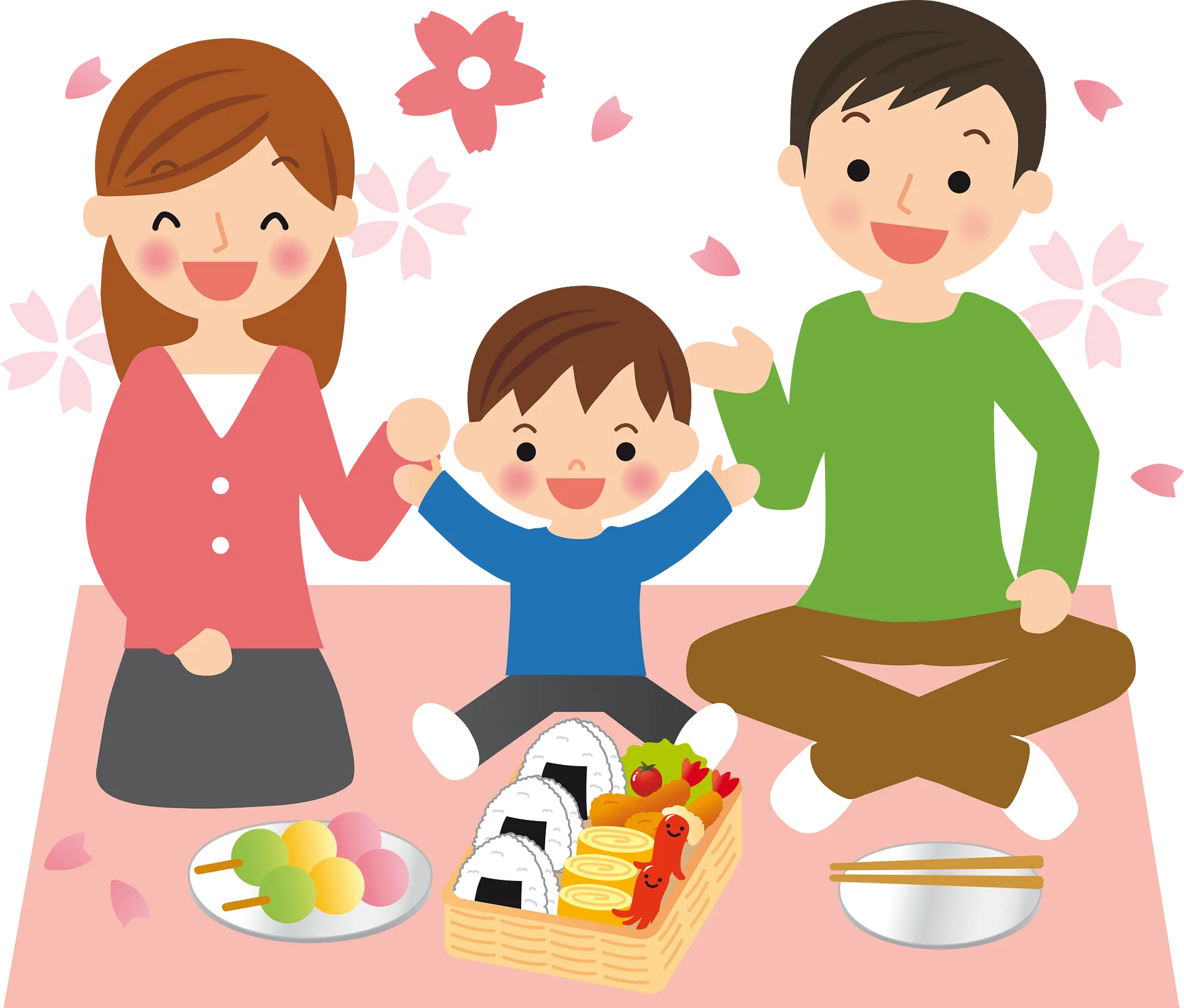 Happy Family Enjoying Outdoor Picnic Lunch Together - Colorful Cartoon Clipart Scene