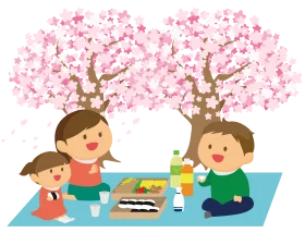 Joyful Family Hanami Picnic Under Blooming Cherry Blossom Trees Clipart Scene