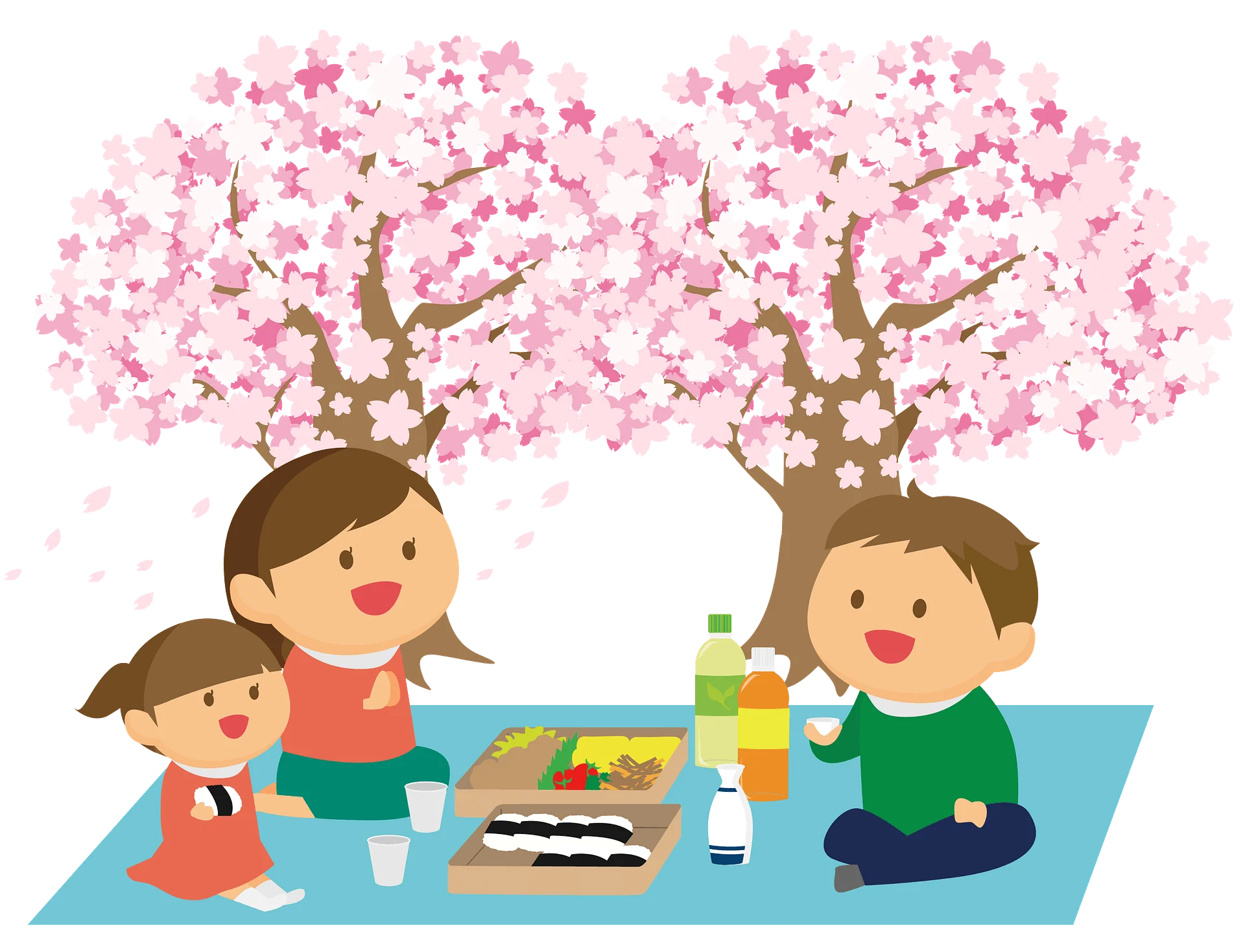 Joyful Family Hanami Picnic Under Blooming Cherry Blossom Trees Clipart Scene
