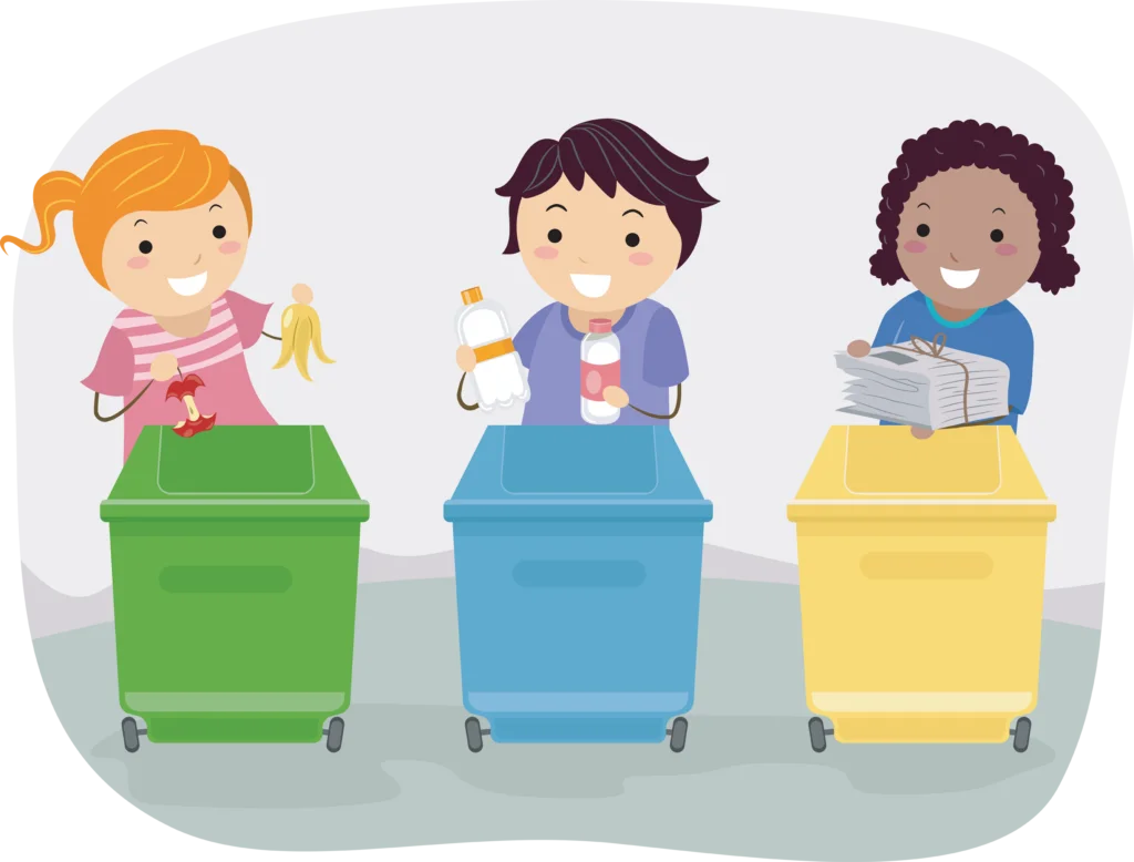 Kids Learning Eco-Friendly Recycling Sorting Clipart for Environmental Education