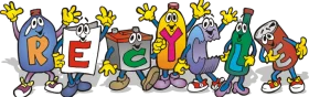 Playful Recycling Characters Spelling Out 'RECYCLE' with Cheerful Cartoon Clipart