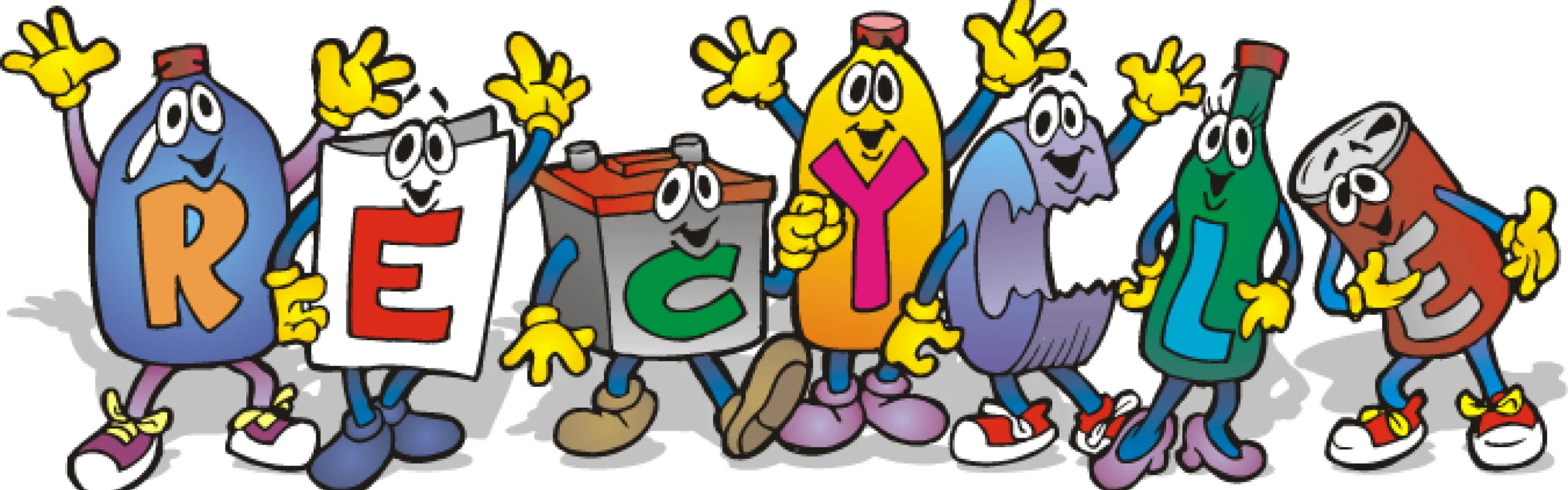 Playful Recycling Characters Spelling Out 'RECYCLE' with Cheerful Cartoon Clipart