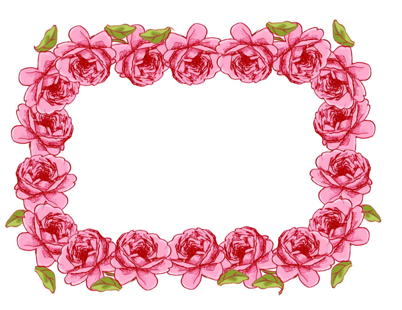 Romantic Pink Roses Floral Border Clipart Frame with Delicate Green Leaves