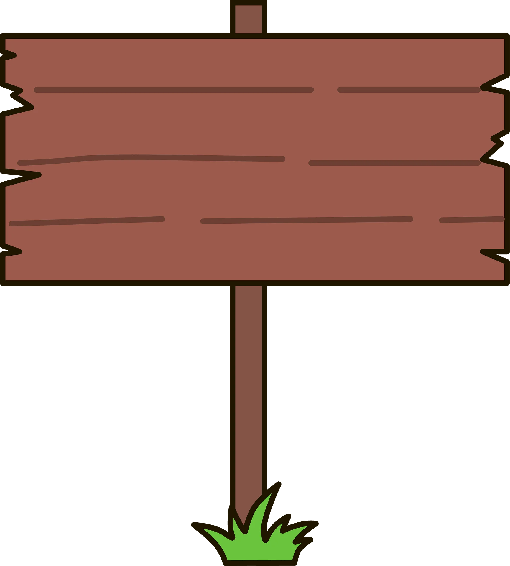 Rustic Wooden Blank Sign Clipart - Weathered Brown Signpost with Green Grass Base