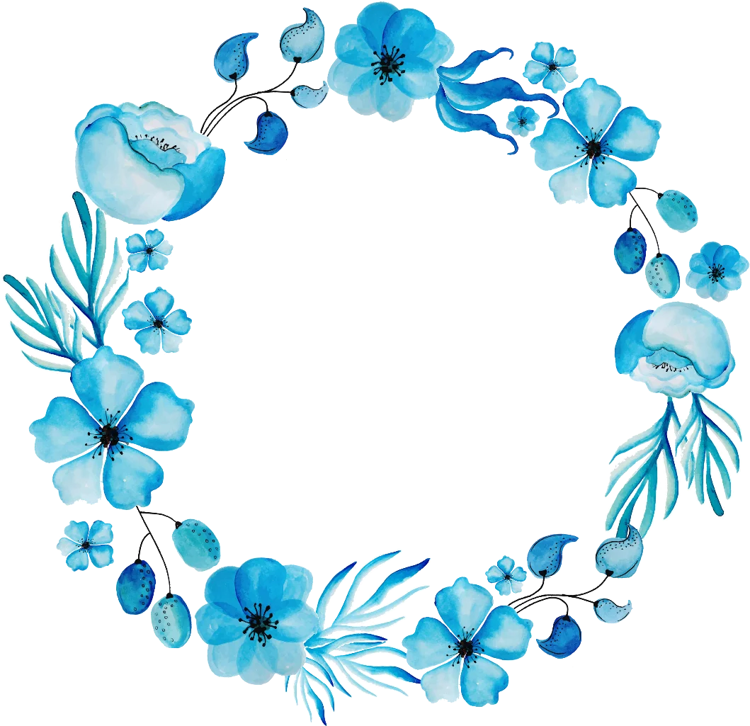 Serene Blue Watercolor Floral Wreath Clipart with Delicate Botanical Elements