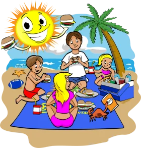 Sunny Beach Picnic Paradise: A Cheerful Family Gathering Clipart Scene