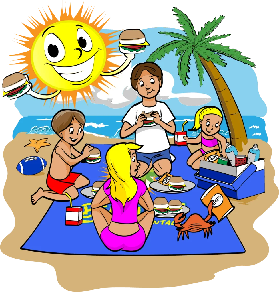 Sunny Beach Picnic Paradise: A Cheerful Family Gathering Clipart Scene