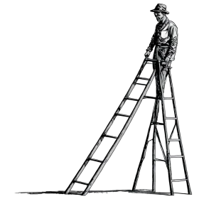 Vintage Construction Worker Climbing Tall Metallic Ladder Clipart Illustration
