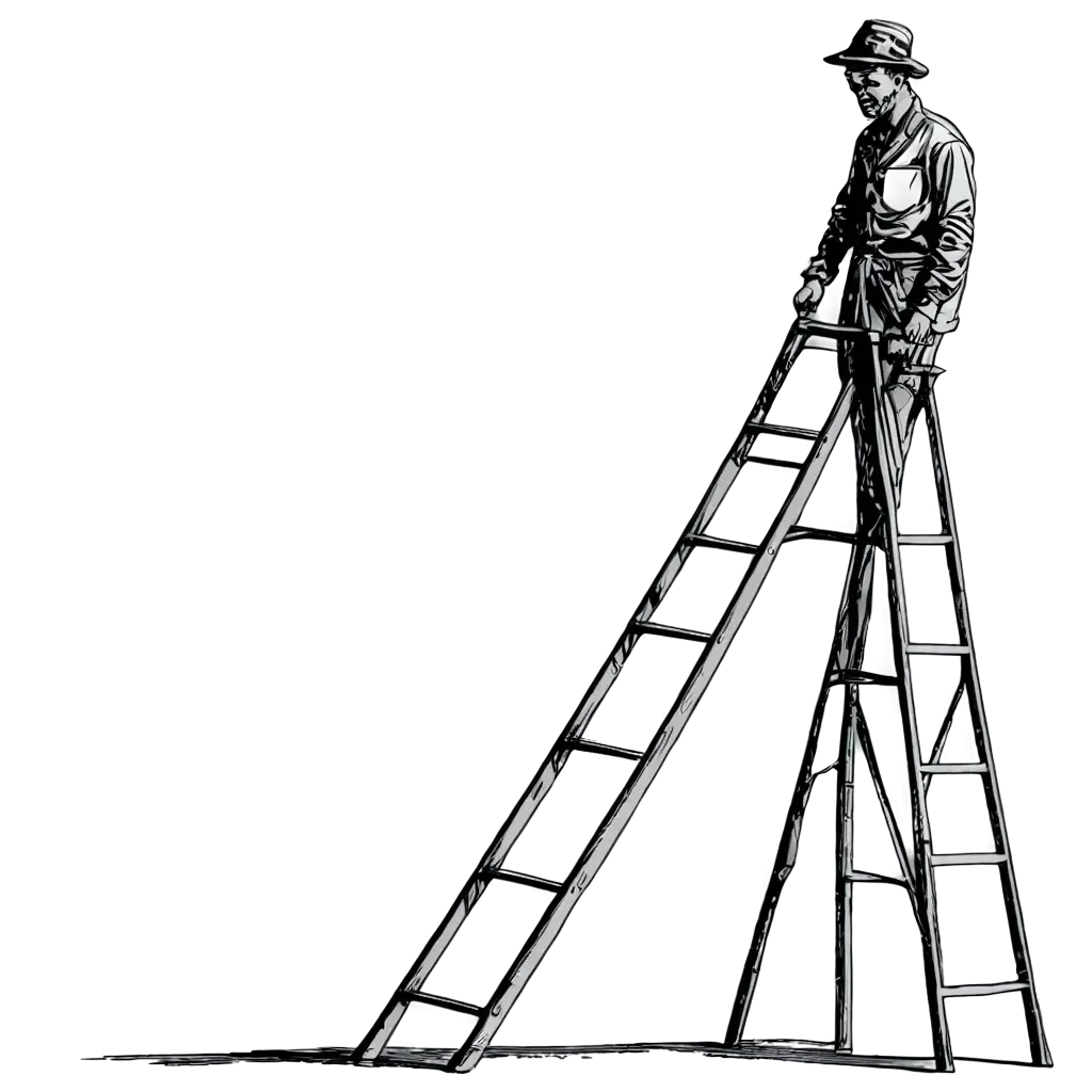 Vintage Construction Worker Climbing Tall Metallic Ladder Clipart Illustration