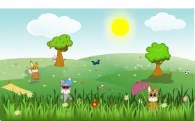 Charming Countryside Meadow Clipart with Playful Characters and Natural Elements