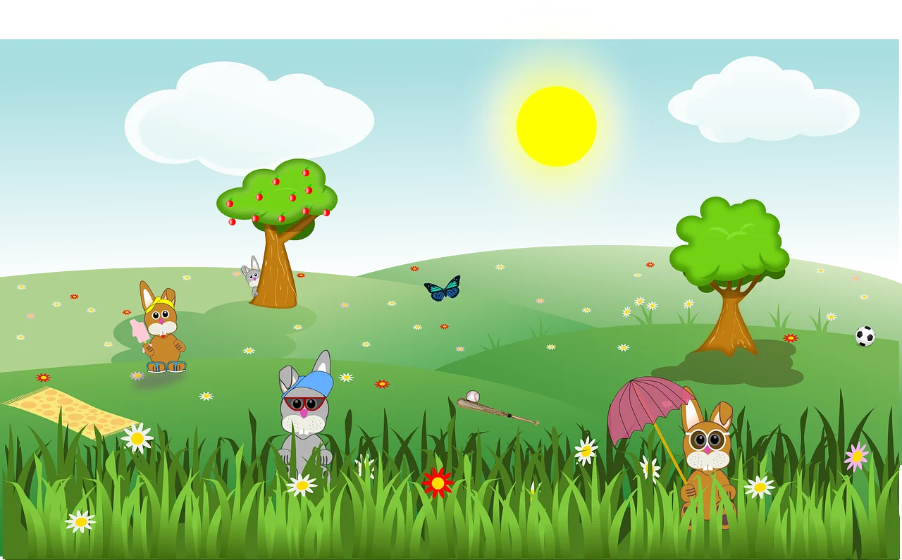 Charming Countryside Meadow Clipart with Playful Characters and Natural Elements