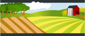 Charming Rural Farm Landscape Clipart with Rolling Fields and Red Barn