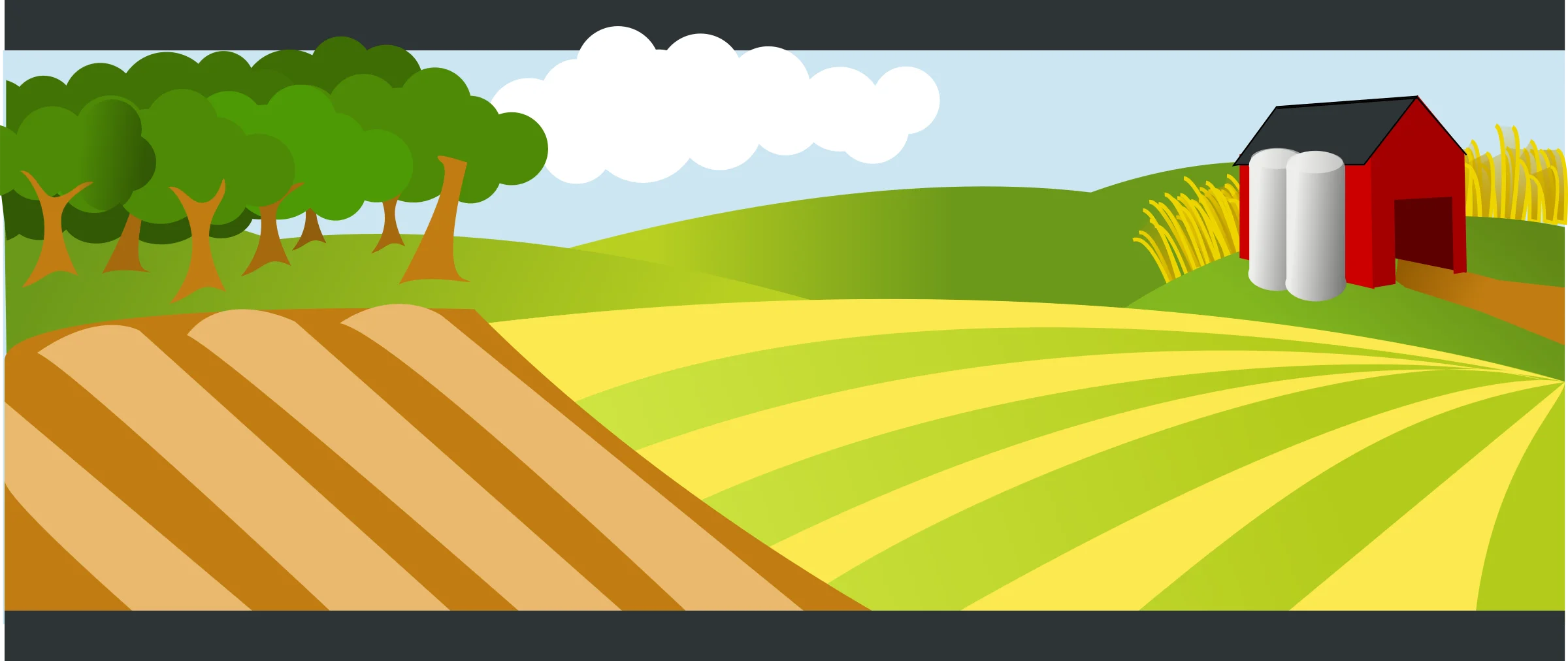 Charming Rural Farm Landscape Clipart with Rolling Fields and Red Barn