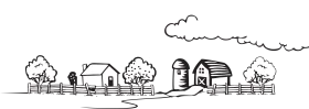 Charming Rural Farm Landscape Clipart with Rustic Buildings and Trees