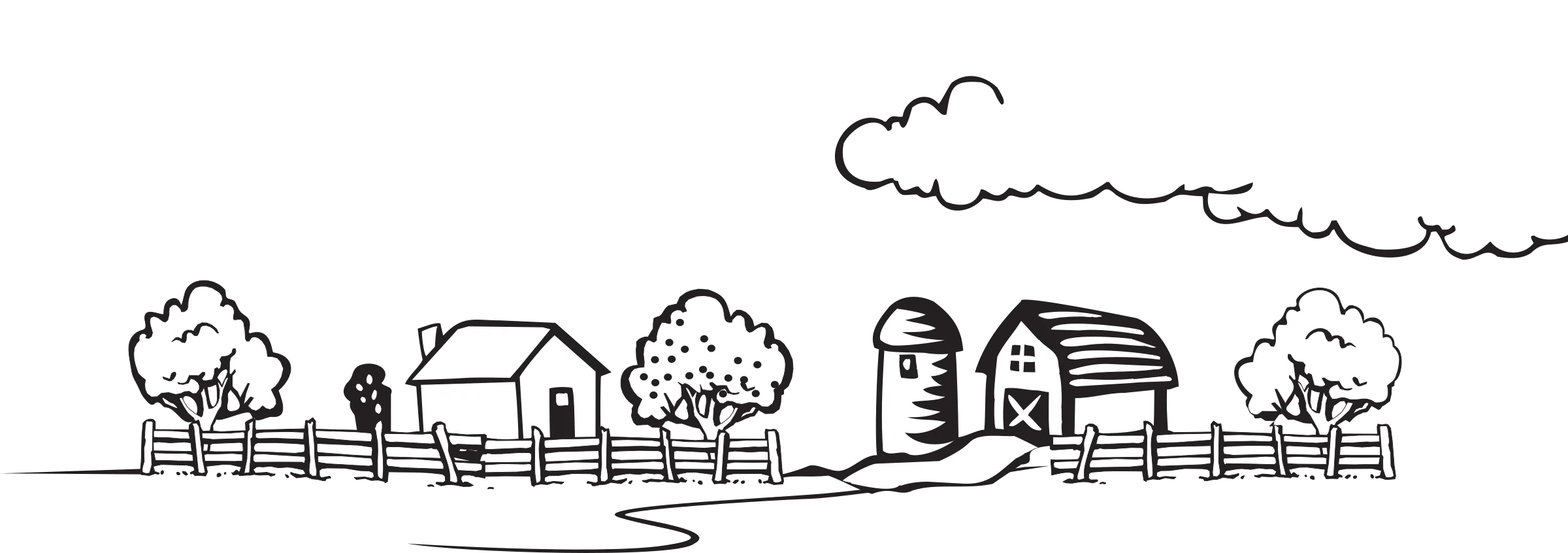 Charming Rural Farm Landscape Clipart with Rustic Buildings and Trees