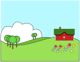 Charming Rural Landscape with Red House and Blooming Flower Clipart Scene