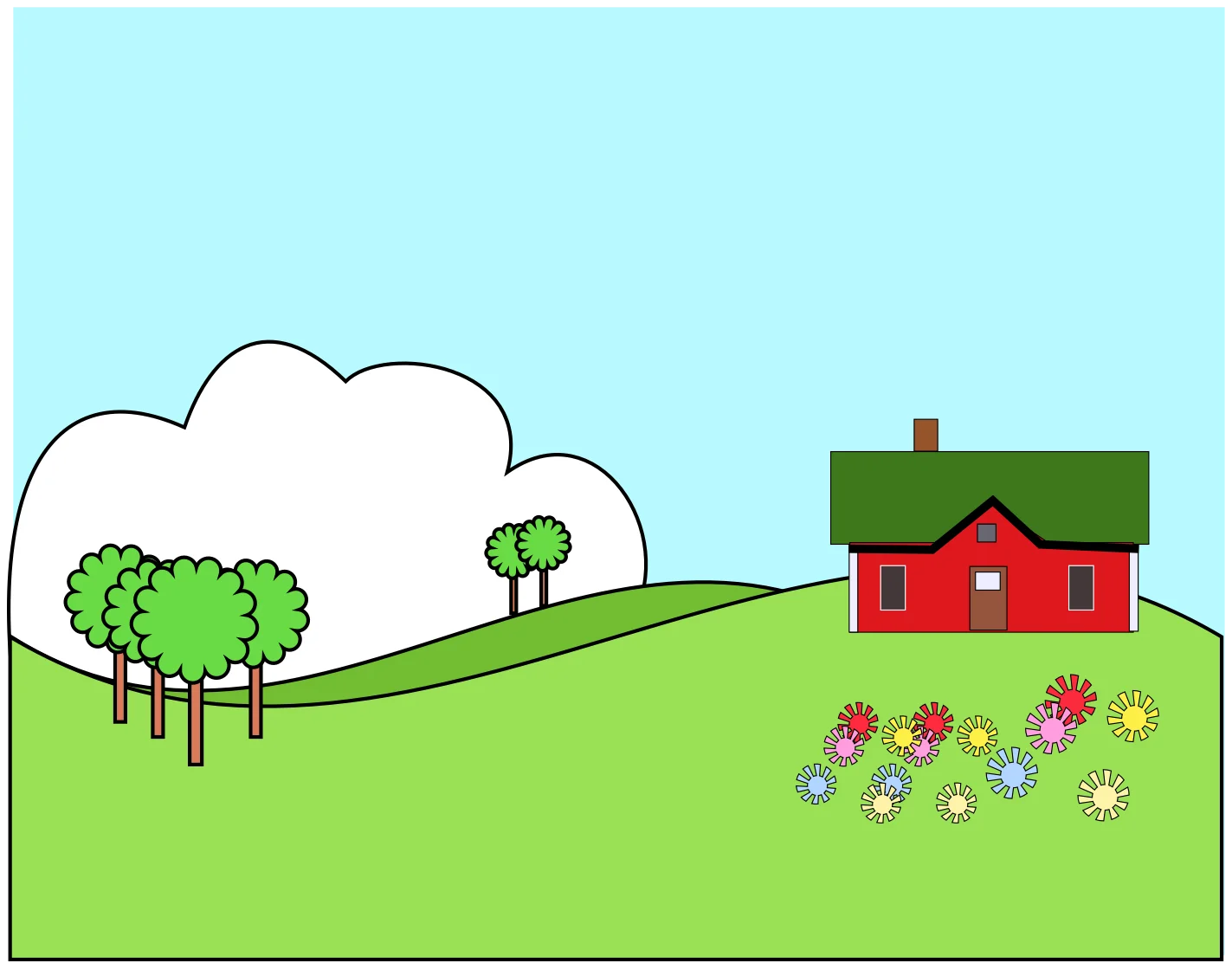 Charming Rural Landscape with Red House and Blooming Flower Clipart Scene