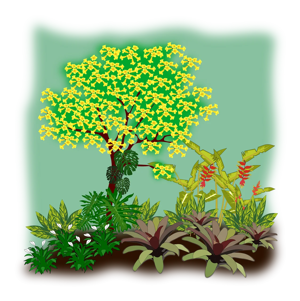 Lush Tropical Garden Landscape Clipart with Flowering Tree and Bromeliad Plants