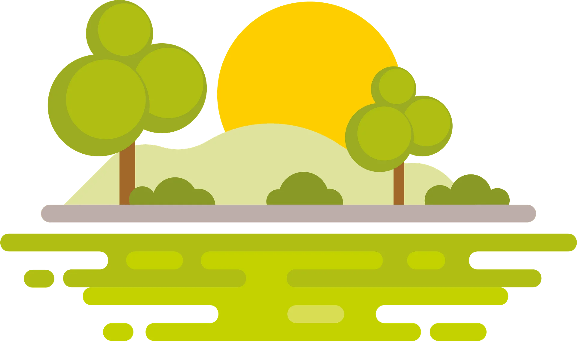Minimalist Green Landscape Clipart with Sun and Rolling Hills