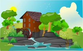 Rustic Wooden Mill by the Serene River: A Charming Countryside Clipart Scene