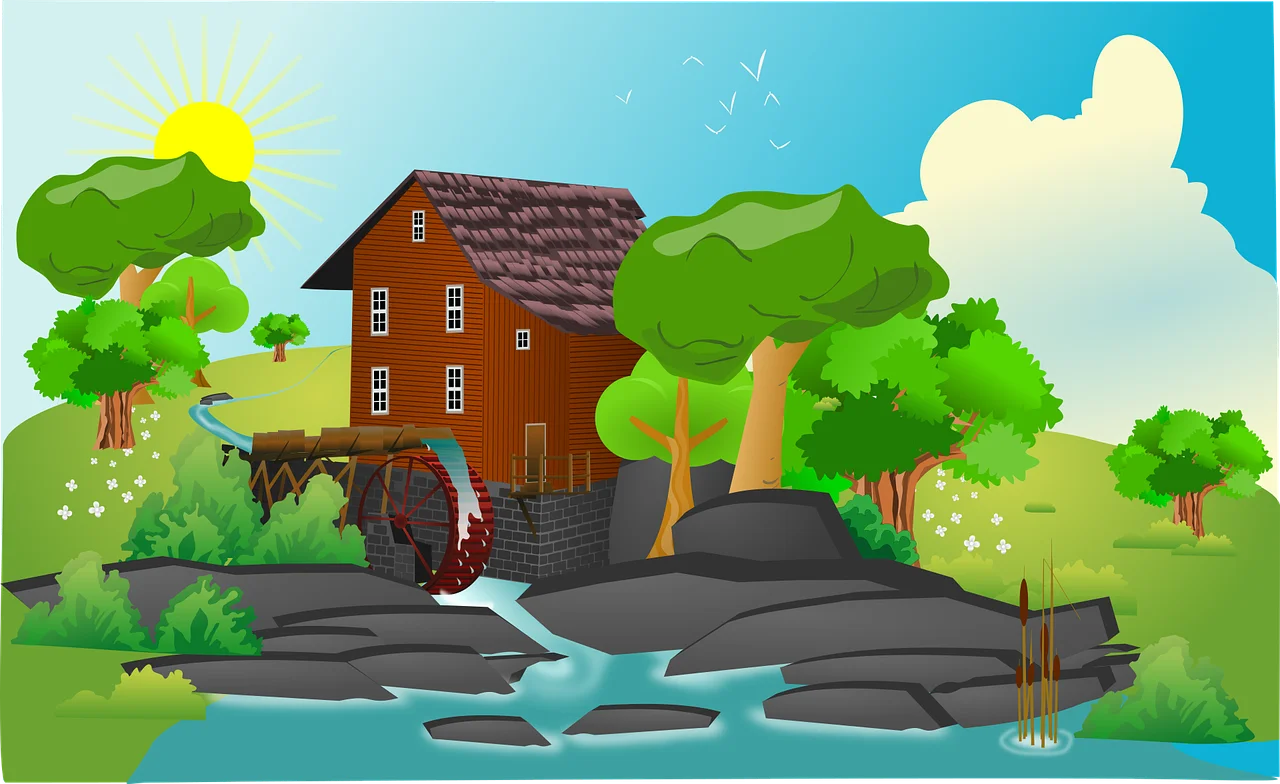Rustic Wooden Mill by the Serene River: A Charming Countryside Clipart Scene