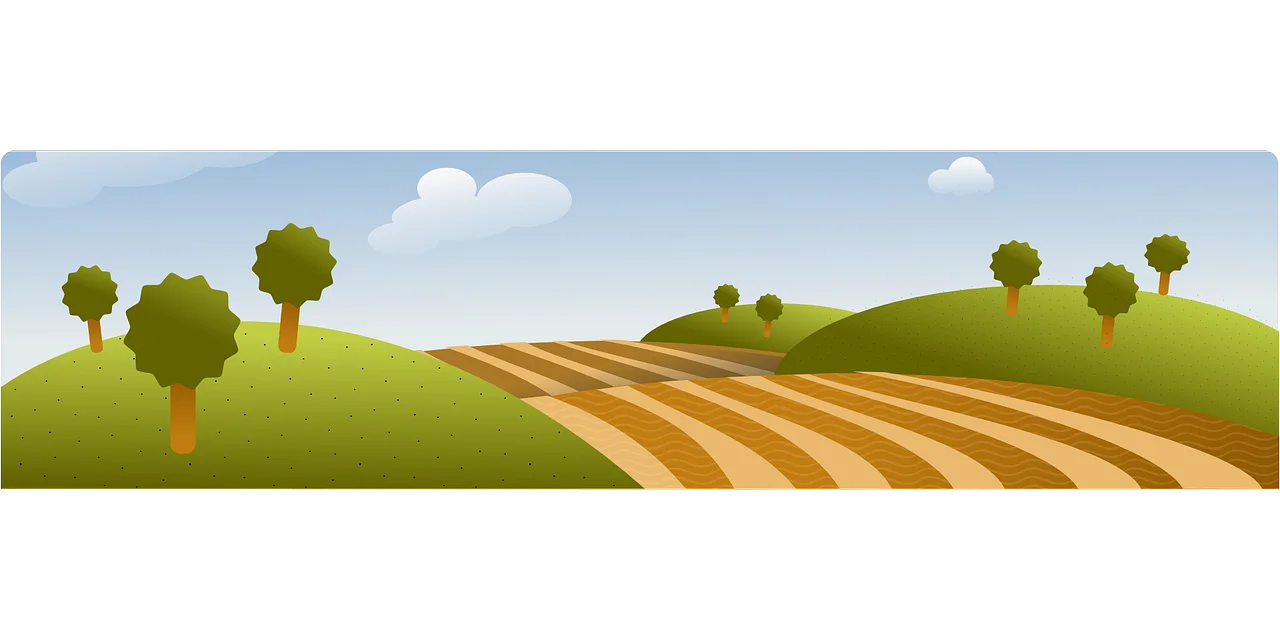 Serene Agricultural Countryside Landscape Clipart with Rolling Fields and Trees