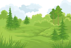 Serene Forest Clipart Landscape with Rolling Green Hills and Pine Trees