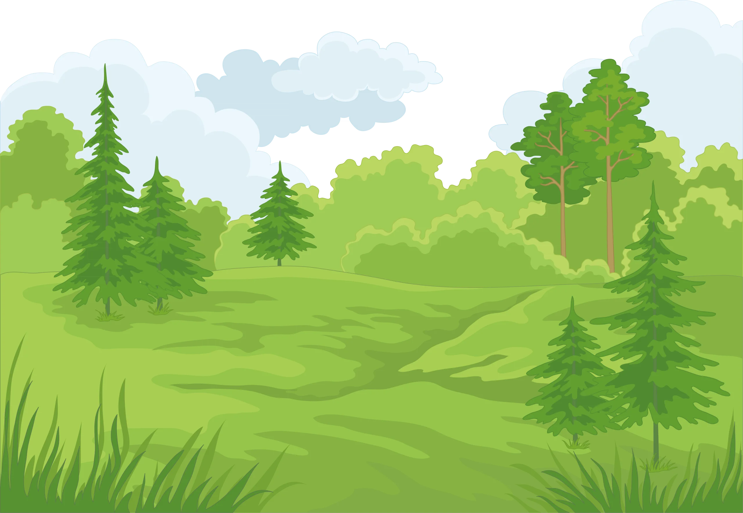 Serene Forest Clipart Landscape with Rolling Green Hills and Pine Trees