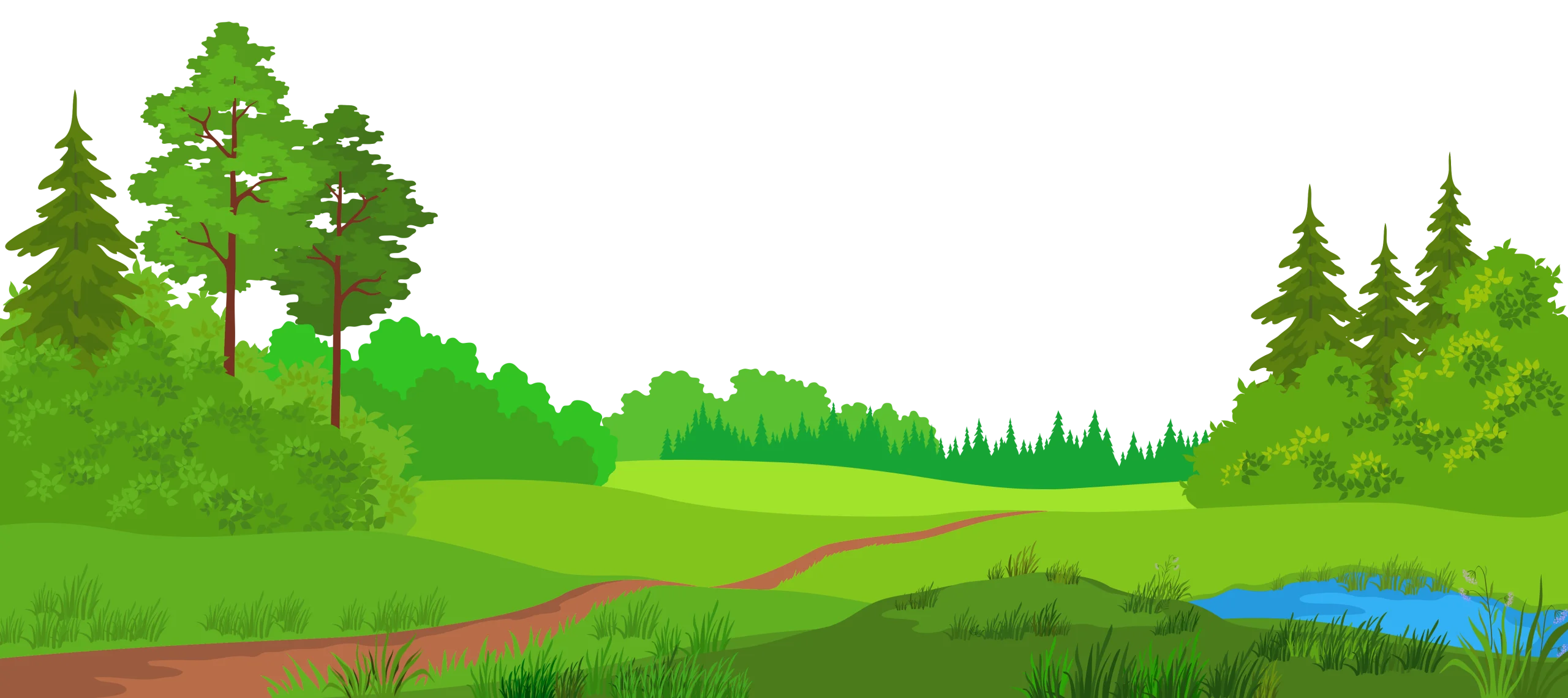 Serene Forest Landscape Clipart with Winding Path and Green Meadows
