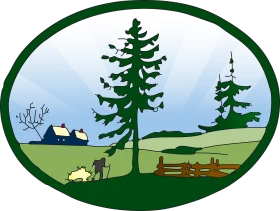 Serene Forest Landscape with Evergreen Trees and Rustic Cabin Clipart Illustration