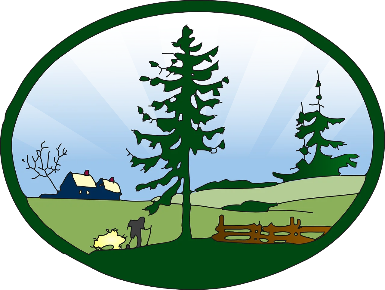 Serene Forest Landscape with Evergreen Trees and Rustic Cabin Clipart Illustration
