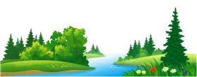 Serene Forest River Landscape Clipart with Lush Green Trees and Colorful Flowers