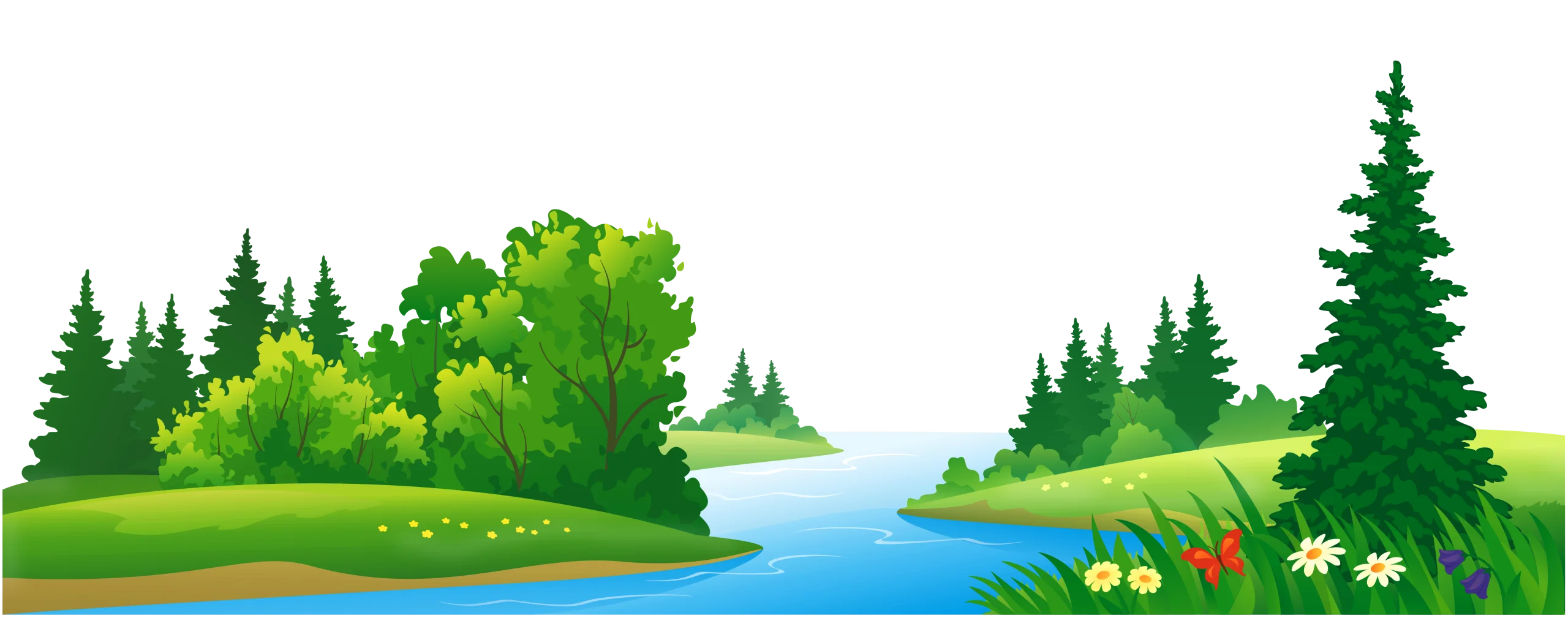 Serene Forest River Landscape Clipart with Lush Green Trees and Colorful Flowers