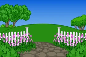 Serene Garden Pathway Clipart with White Picket Fence and Blooming Flowers