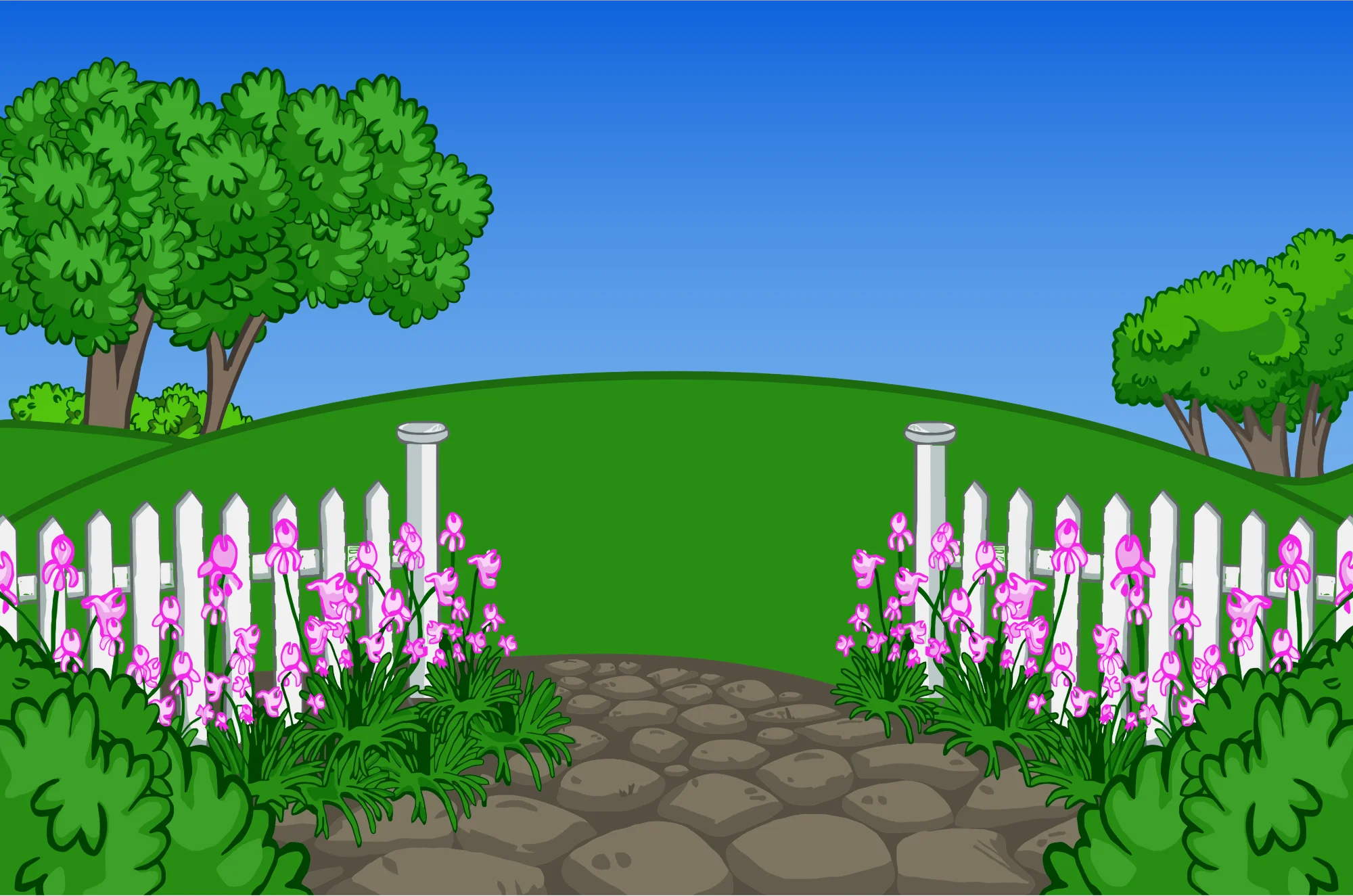 Serene Garden Pathway Clipart with White Picket Fence and Blooming Flowers