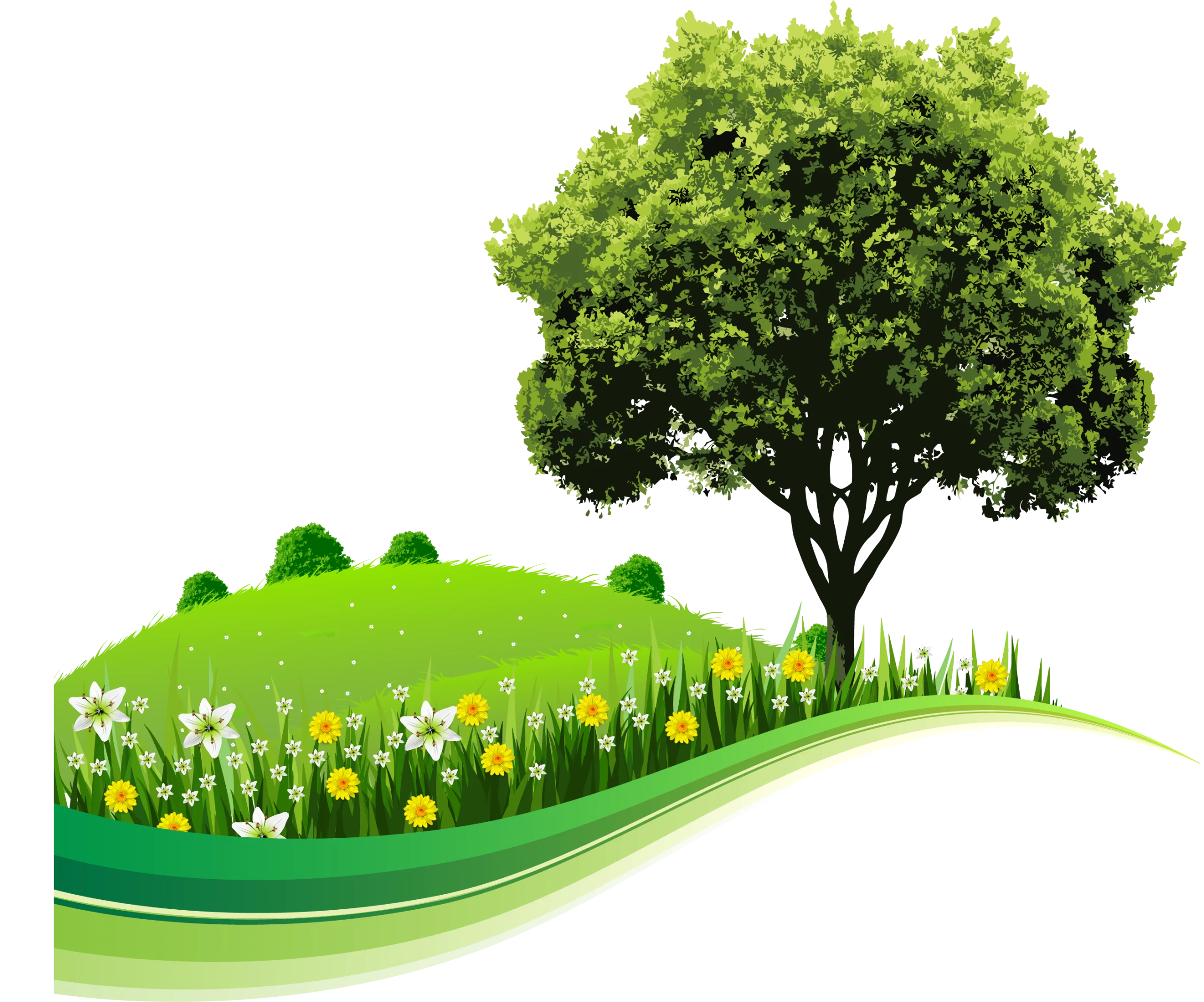 Serene Green Landscape Clipart with Lush Tree and Blooming Meadow Field