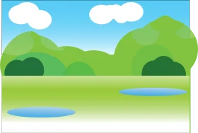Serene Green Landscape Clipart with Rolling Hills and Calm Water Pools
