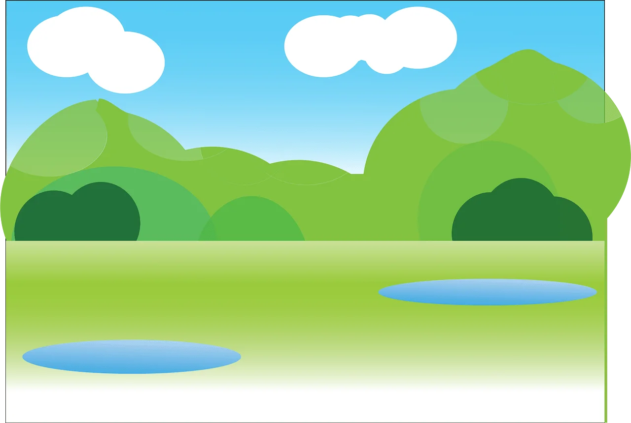 Serene Green Landscape Clipart with Rolling Hills and Calm Water Pools