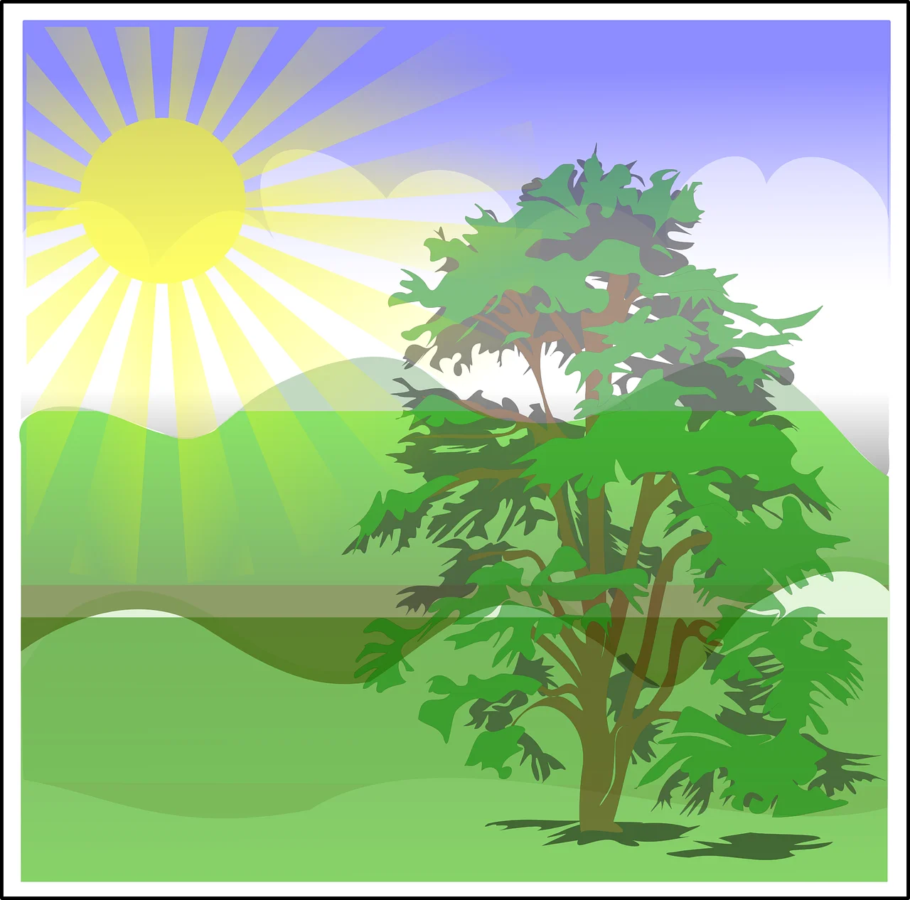 Serene Green Landscape with Radiant Sun and Lush Tree Clipart Illustration
