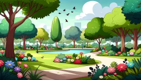 Serene Park Landscape Clipart: A Tranquil Green Oasis with Colorful Flowers