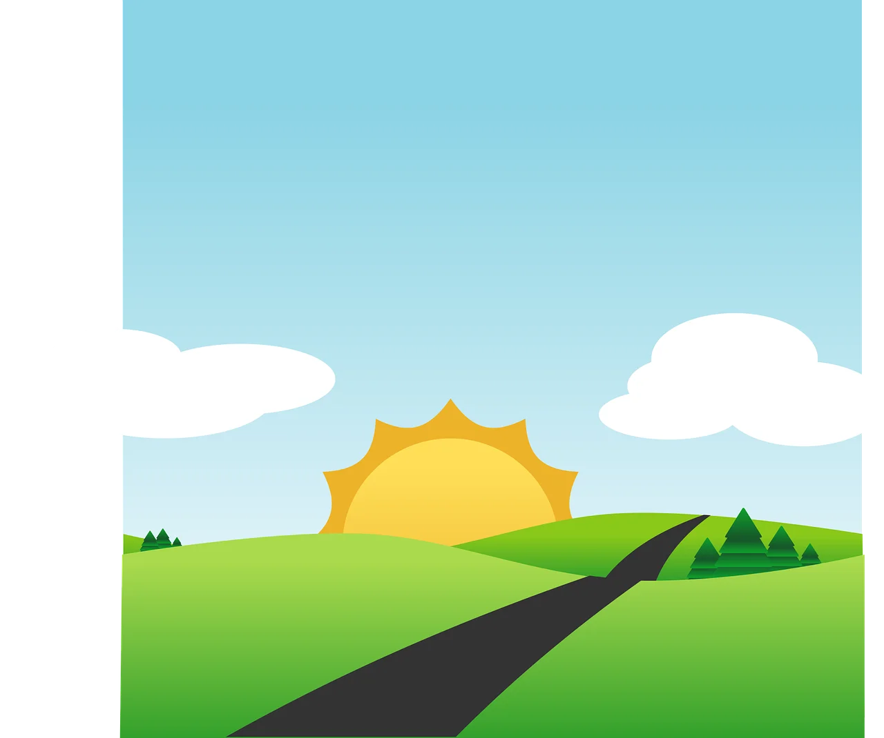 Serene Rolling Countryside Landscape Clipart with Rising Sun