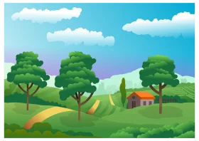 Serene Rural Countryside Landscape with Lush Green Trees and Charming Clipart Scene