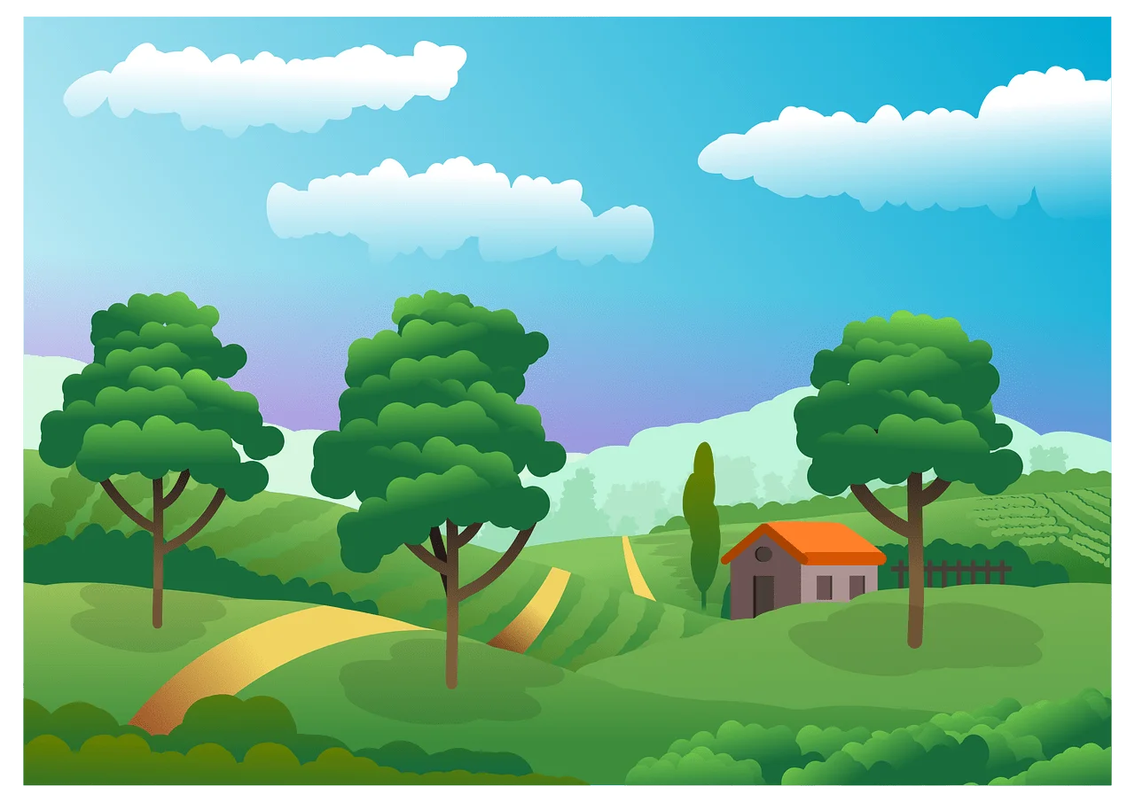 Serene Rural Countryside Landscape with Lush Green Trees and Charming Clipart Scene