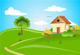 Serene Rural Landscape Clipart with Cozy Cottage and Rolling Green Hills