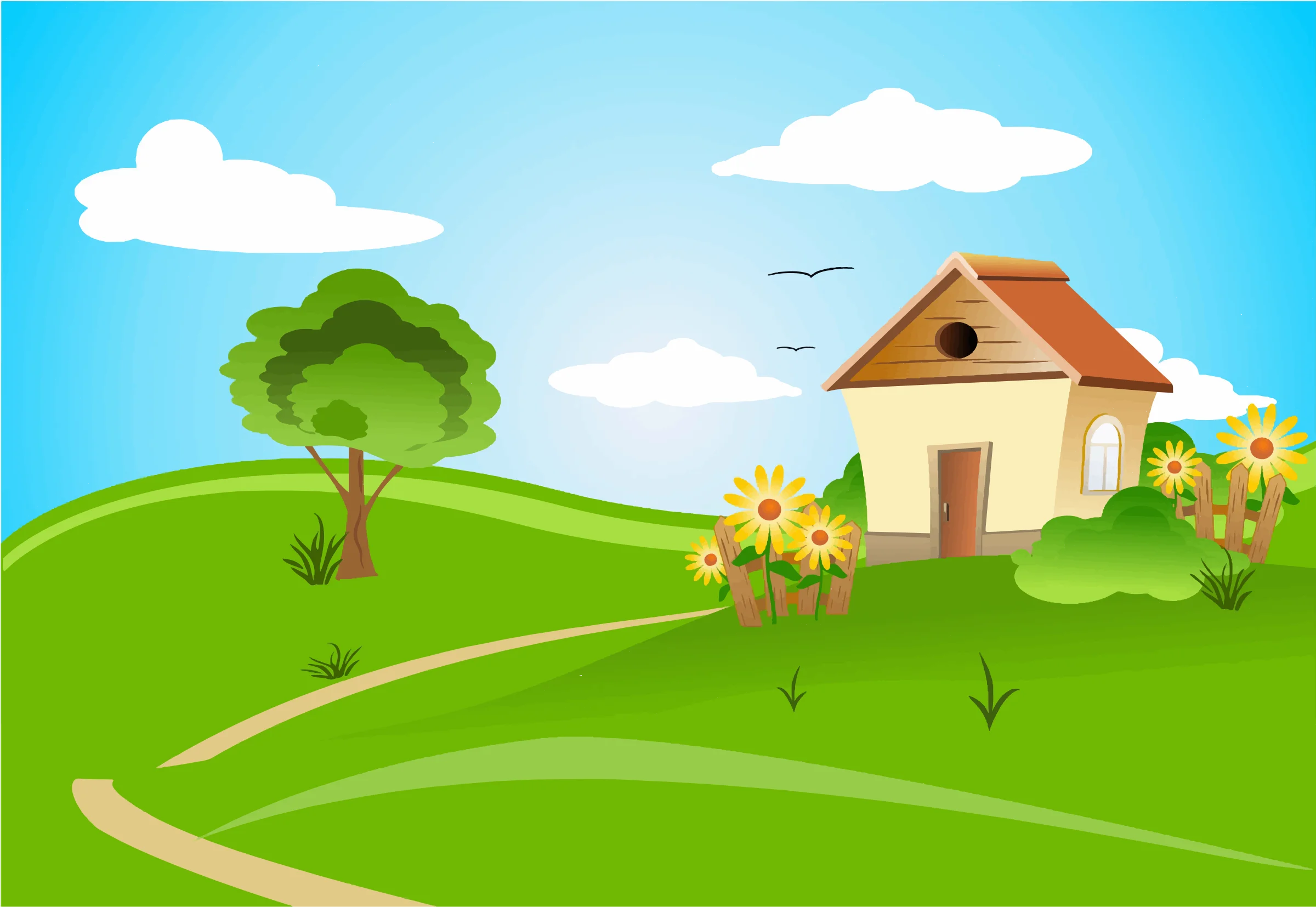 Serene Rural Landscape Clipart with Cozy Cottage and Rolling Green Hills