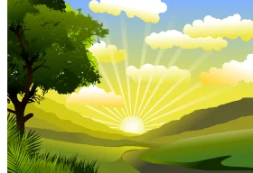 Serene Sunrise Over Verdant Hills: A Peaceful Landscape Clipart Scene