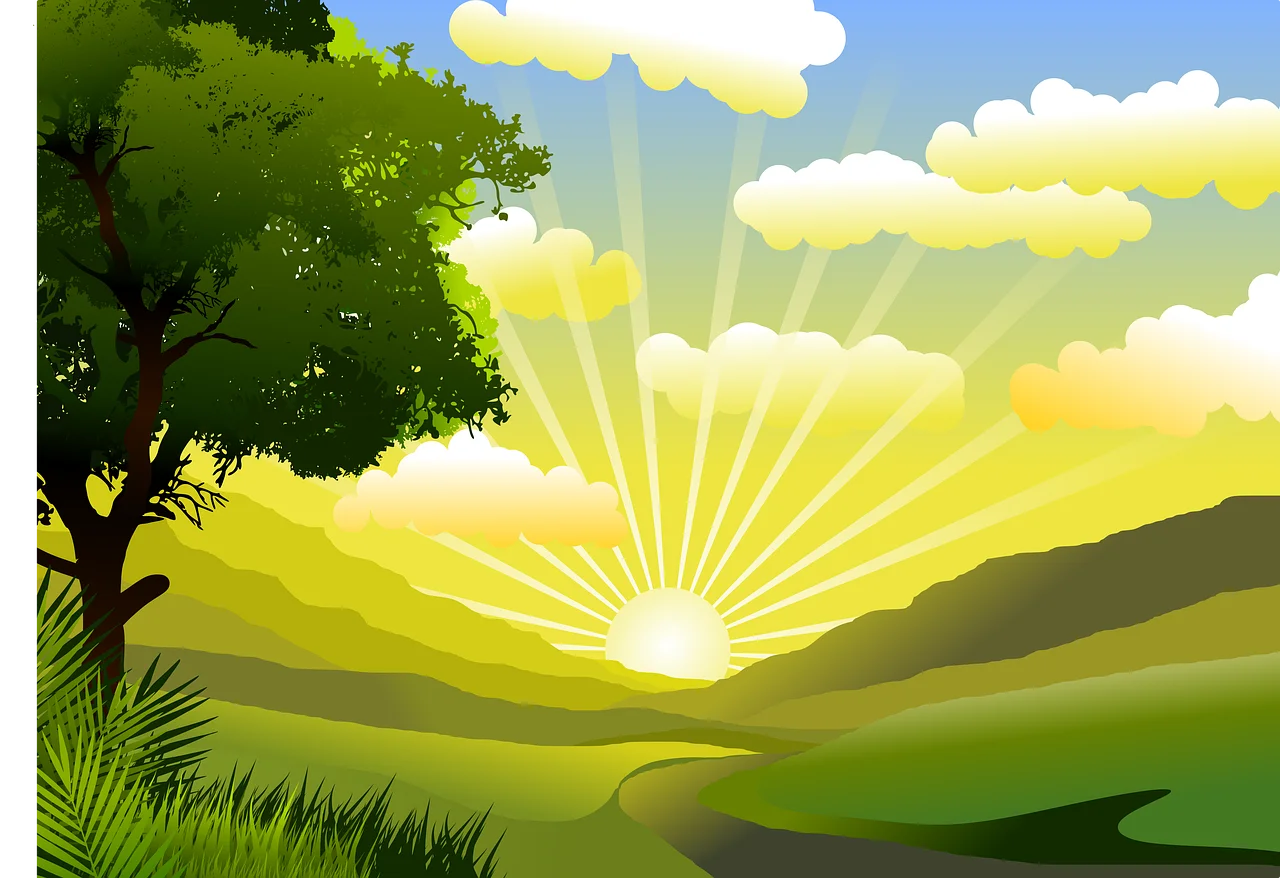 Serene Sunrise Over Verdant Hills: A Peaceful Landscape Clipart Scene