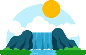 Serene Waterfall Landscape Clipart with Sunny Sky and Flowing Water